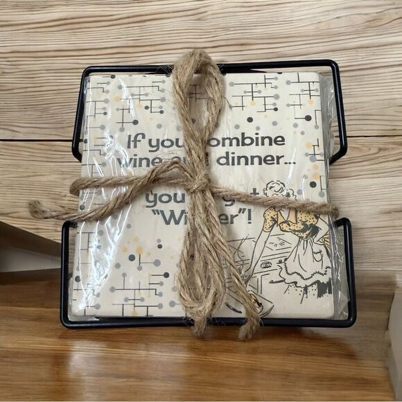 New Primitive by Kathy Retro 4”x 4” Coaster Set with Holder - Picture 3 of 5